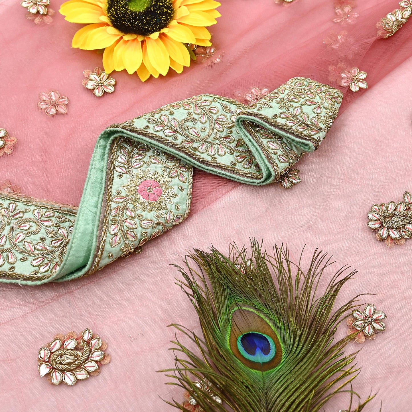 Indian Vintage Heavy Pink Dupatta Net Mesh Long Stole Hand Embroidered Scarves Golden Zardozi Dabka Zari Stole Bridal/ Wedding veil