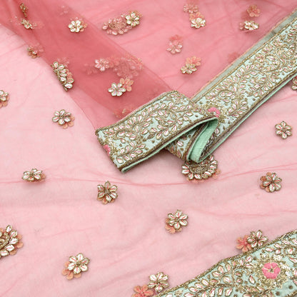 Indian Vintage Heavy Pink Dupatta Net Mesh Long Stole Hand Embroidered Scarves Golden Zardozi Dabka Zari Stole Bridal/ Wedding veil