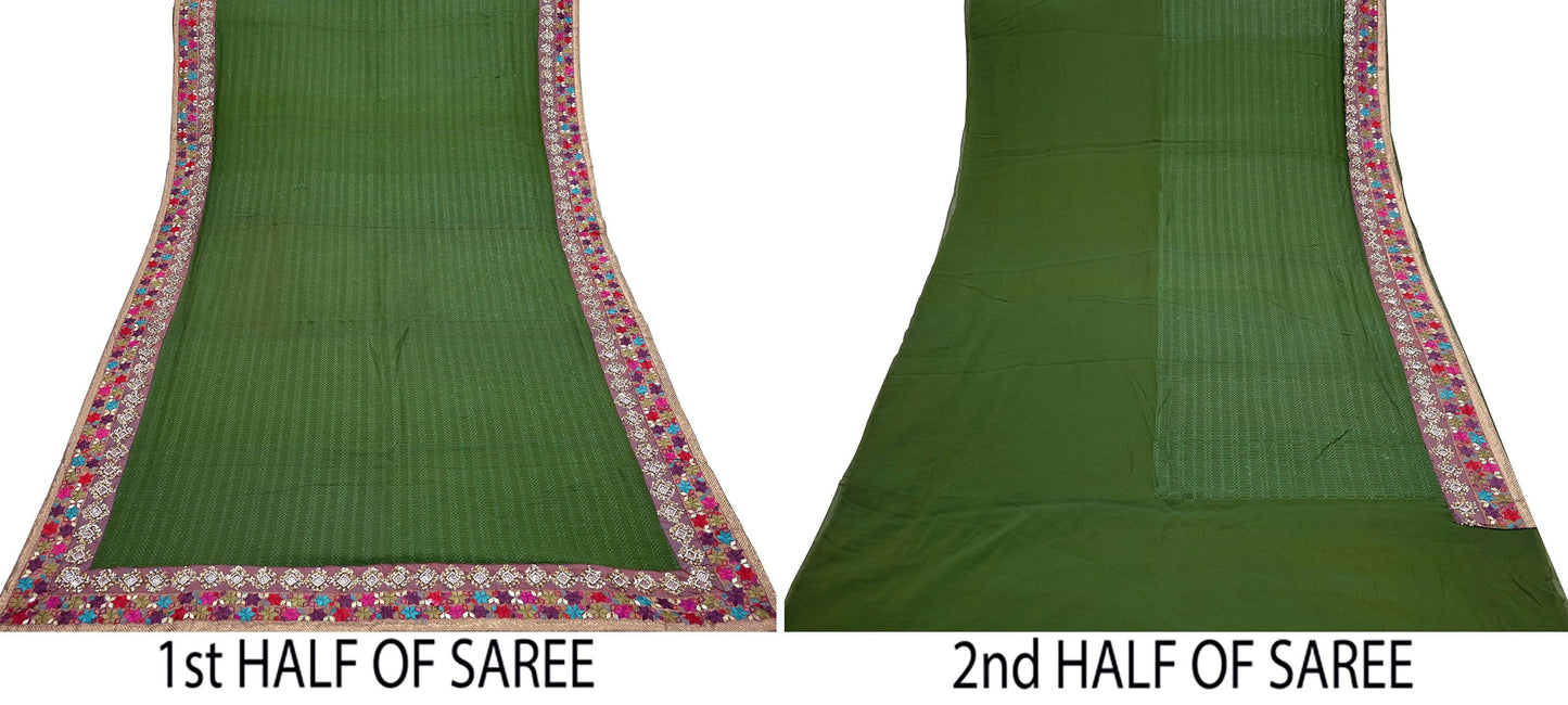 Indian Vintage Heavy Sari Green Pure Georgette Silk Hand Embroidered Sarees Craft Fabric 5Yd Sewing Ethnic Bollywood saree Dress making