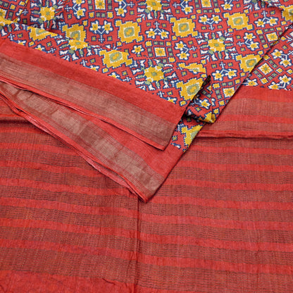 Indian Vintage Heavy Sari Red Pure Khadi Silk Handloom Saree Craft Fabric 5yd Ethnic Wear Dress making For Crafting Quilting Sewing
