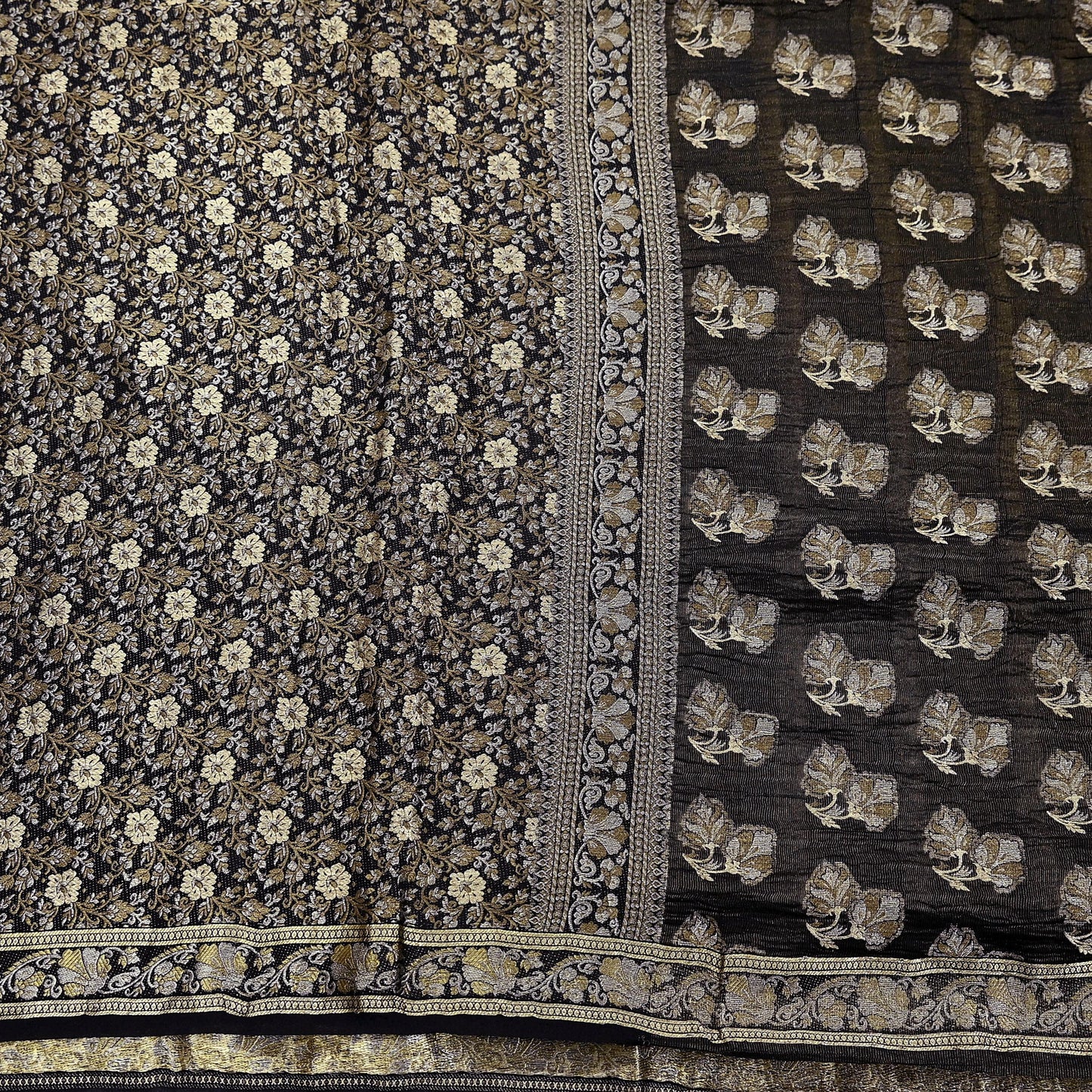 Indian Vintage Black Sarees Pure Silk Hand Woven Sari Craft Fabric 5Yd Sewing Ethnic Floral Dress Making For Crafting Quilting Upcycle