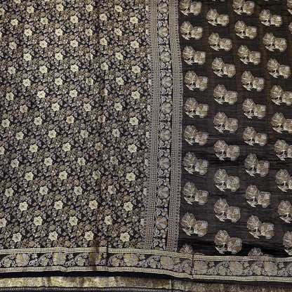 Indian Vintage Black Sarees Pure Silk Hand Woven Sari Craft Fabric 5Yd Sewing Ethnic Floral Dress Making For Crafting Quilting Upcycle