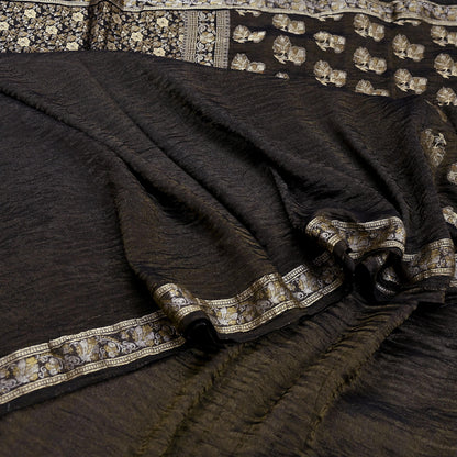 Indian Vintage Black Sarees Pure Silk Hand Woven Sari Craft Fabric 5Yd Sewing Ethnic Floral Dress Making For Crafting Quilting Upcycle