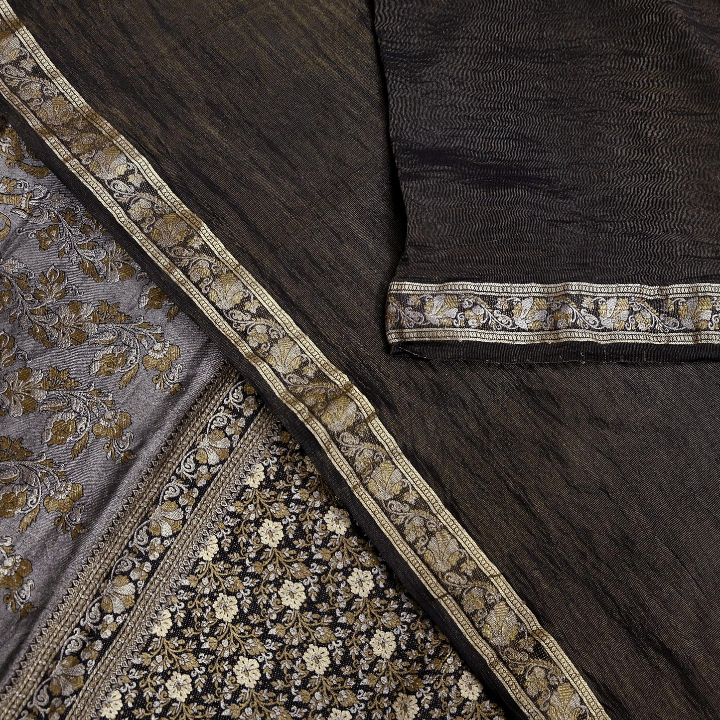 Indian Vintage Black Sarees Pure Silk Hand Woven Sari Craft Fabric 5Yd Sewing Ethnic Floral Dress Making For Crafting Quilting Upcycle