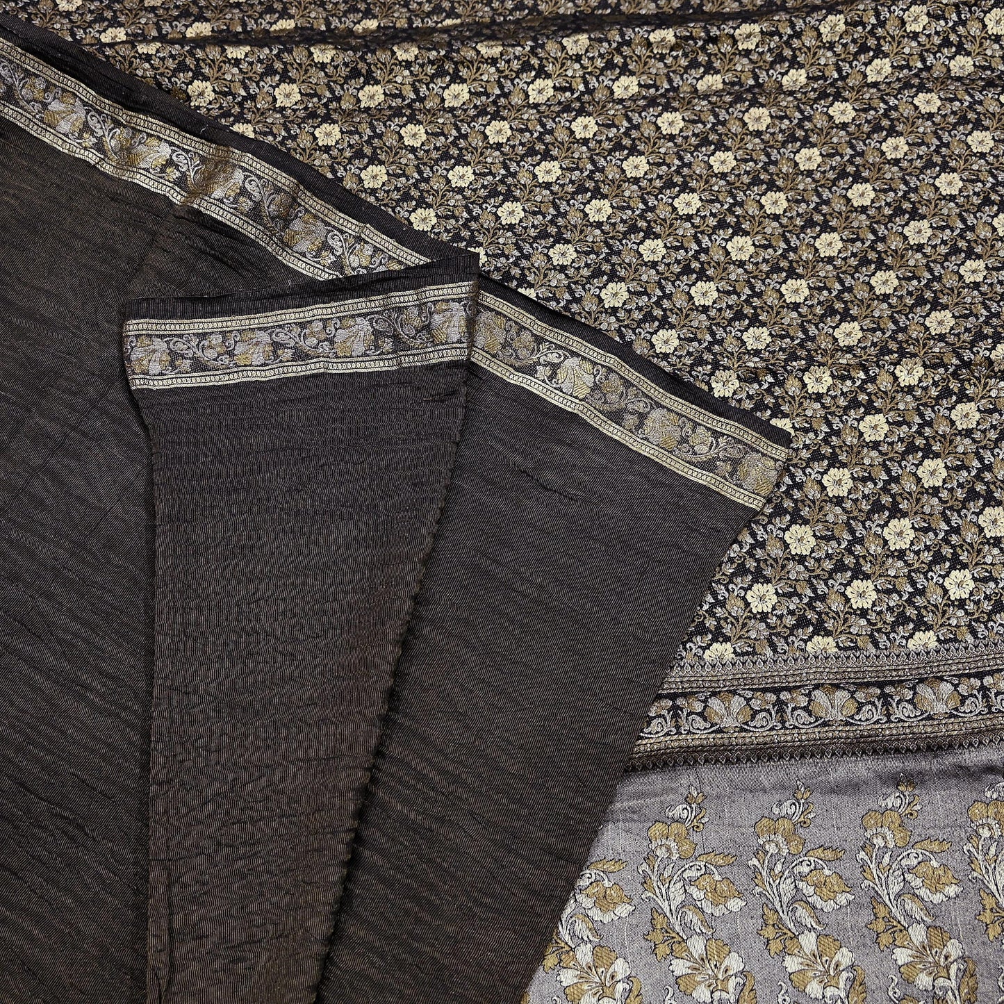 Indian Vintage Black Sarees Pure Silk Hand Woven Sari Craft Fabric 5Yd Sewing Ethnic Floral Dress Making For Crafting Quilting Upcycle