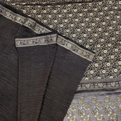 Indian Vintage Black Sarees Pure Silk Hand Woven Sari Craft Fabric 5Yd Sewing Ethnic Floral Dress Making For Crafting Quilting Upcycle