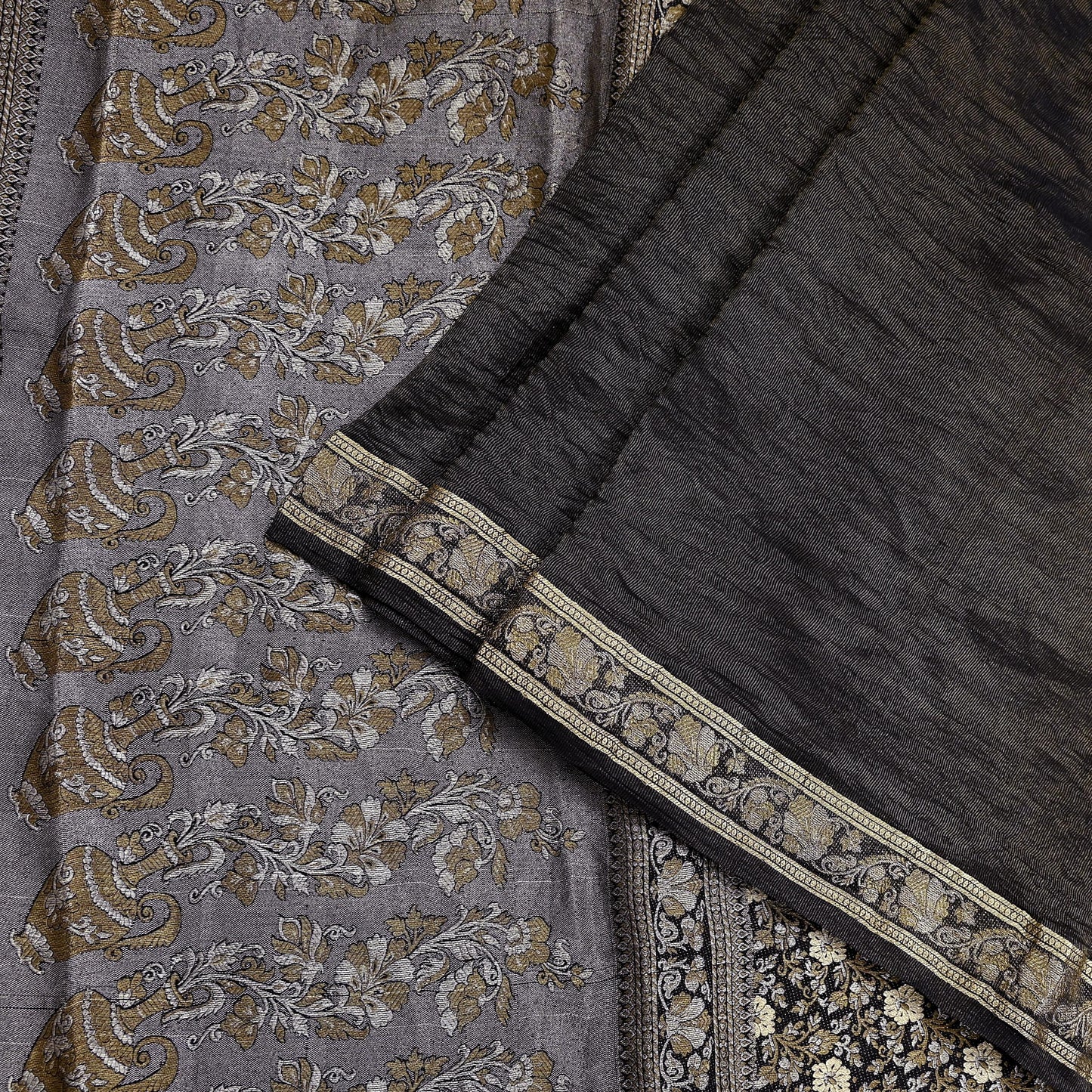 Indian Vintage Black Sarees Pure Silk Hand Woven Sari Craft Fabric 5Yd Sewing Ethnic Floral Dress Making For Crafting Quilting Upcycle