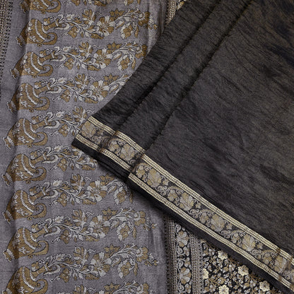 Indian Vintage Black Sarees Pure Silk Hand Woven Sari Craft Fabric 5Yd Sewing Ethnic Floral Dress Making For Crafting Quilting Upcycle