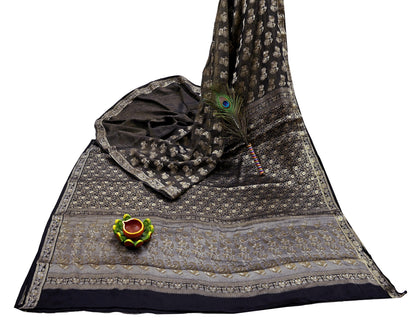 Indian Vintage Black Sarees Pure Silk Hand Woven Sari Craft Fabric 5Yd Sewing Ethnic Floral Dress Making For Crafting Quilting Upcycle