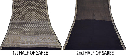 Indian Vintage Black Sarees Pure Silk Hand Woven Sari Craft Fabric 5Yd Sewing Ethnic Floral Dress Making For Crafting Quilting Upcycle