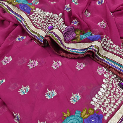 Indian Vintage Sari Rani Pink Pure Georgette Silk Hand Embroidered Sarees Ethnic Fabric 5Yd Sewing Soft Ethnic Glass Beaded Wedding Sarees