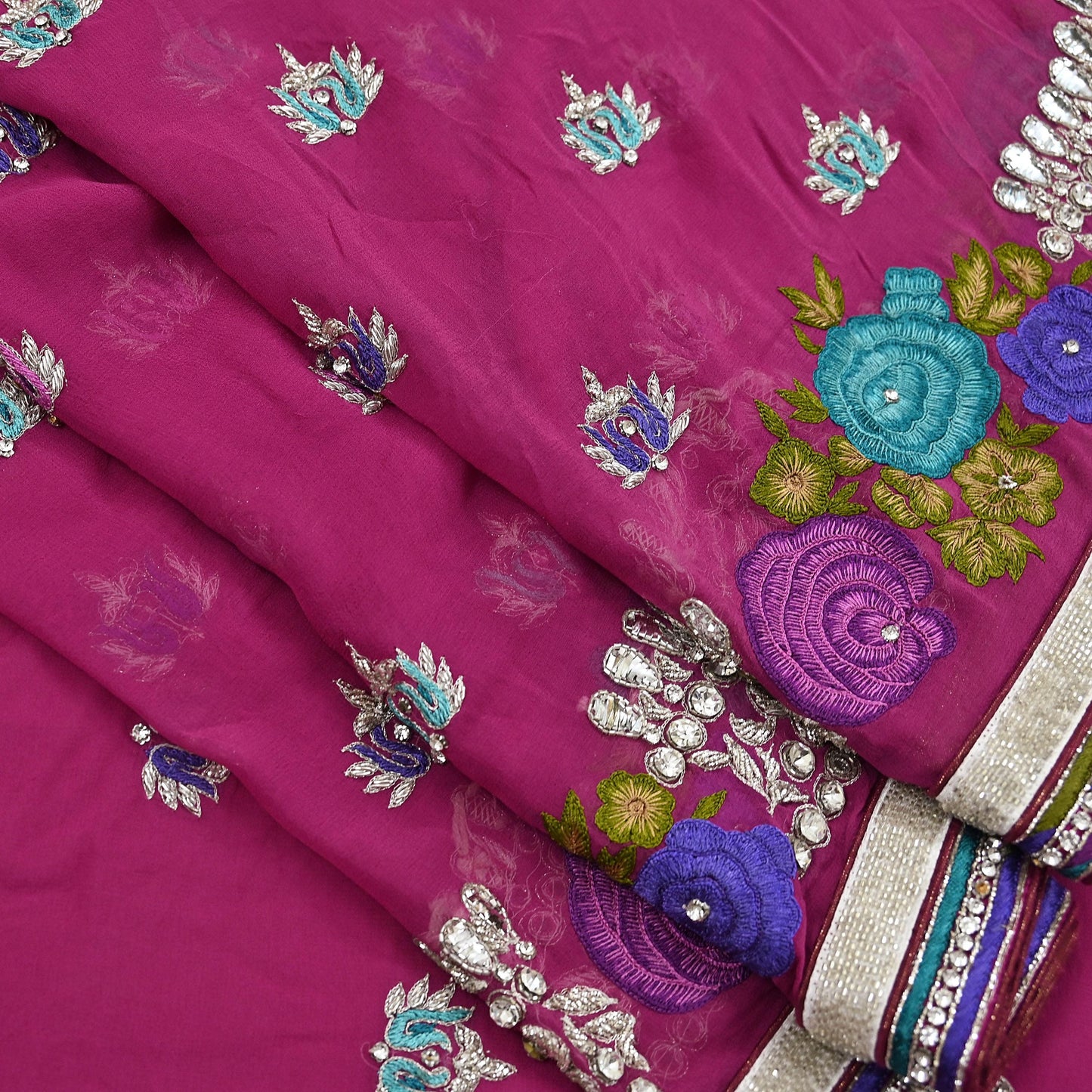 Indian Vintage Sari Rani Pink Pure Georgette Silk Hand Embroidered Sarees Ethnic Fabric 5Yd Sewing Soft Ethnic Glass Beaded Wedding Sarees