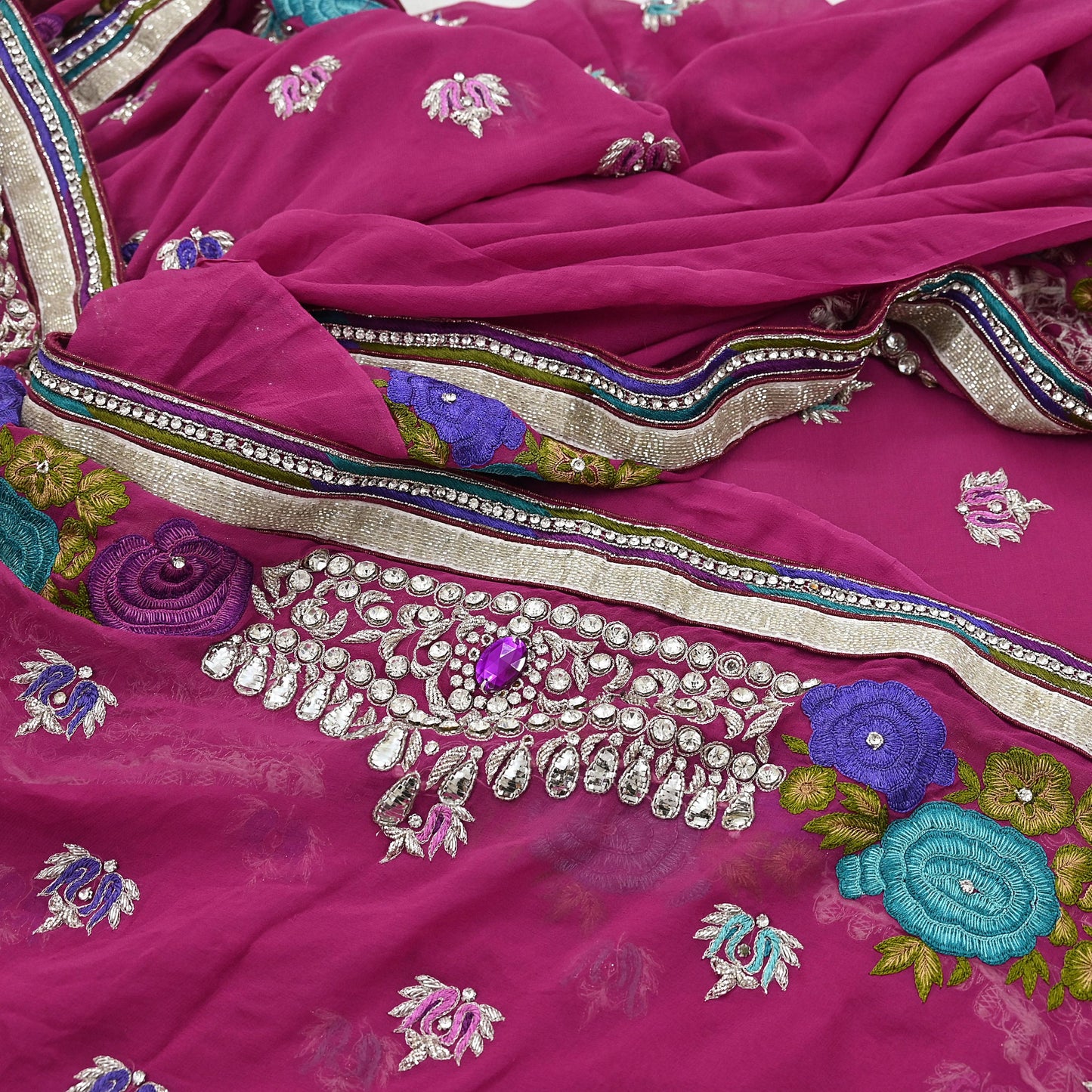 Indian Vintage Sari Rani Pink Pure Georgette Silk Hand Embroidered Sarees Ethnic Fabric 5Yd Sewing Soft Ethnic Glass Beaded Wedding Sarees