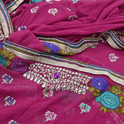 Indian Vintage Sari Rani Pink Pure Georgette Silk Hand Embroidered Sarees Ethnic Fabric 5Yd Sewing Soft Ethnic Glass Beaded Wedding Sarees