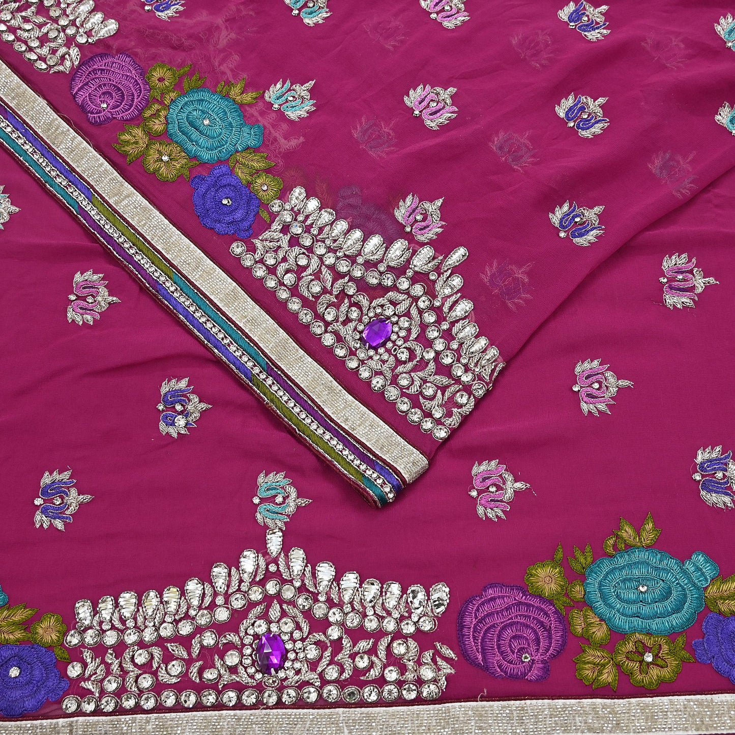 Indian Vintage Sari Rani Pink Pure Georgette Silk Hand Embroidered Sarees Ethnic Fabric 5Yd Sewing Soft Ethnic Glass Beaded Wedding Sarees