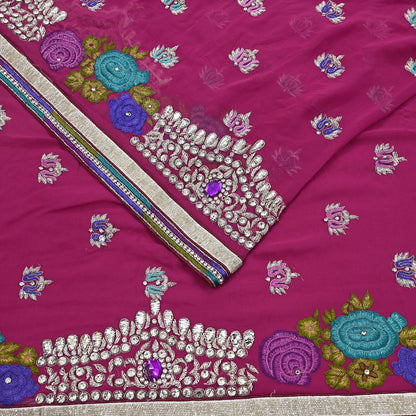 Indian Vintage Sari Rani Pink Pure Georgette Silk Hand Embroidered Sarees Ethnic Fabric 5Yd Sewing Soft Ethnic Glass Beaded Wedding Sarees