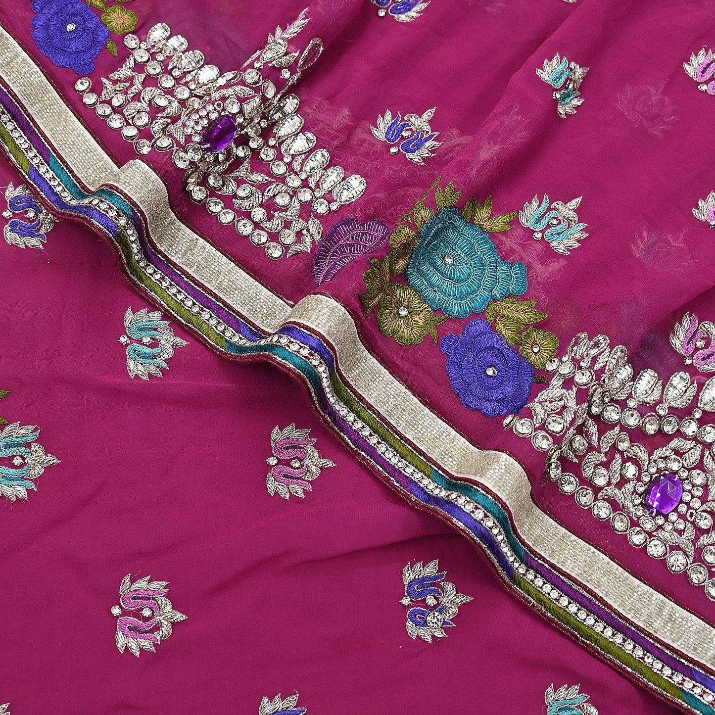 Indian Vintage Sari Rani Pink Pure Georgette Silk Hand Embroidered Sarees Ethnic Fabric 5Yd Sewing Soft Ethnic Glass Beaded Wedding Sarees