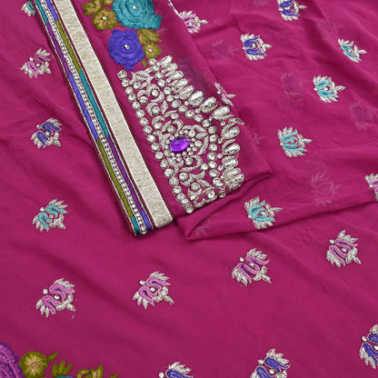 Indian Vintage Sari Rani Pink Pure Georgette Silk Hand Embroidered Sarees Ethnic Fabric 5Yd Sewing Soft Ethnic Glass Beaded Wedding Sarees