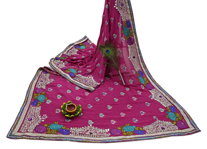 Indian Vintage Sari Rani Pink Pure Georgette Silk Hand Embroidered Sarees Ethnic Fabric 5Yd Sewing Soft Ethnic Glass Beaded Wedding Sarees