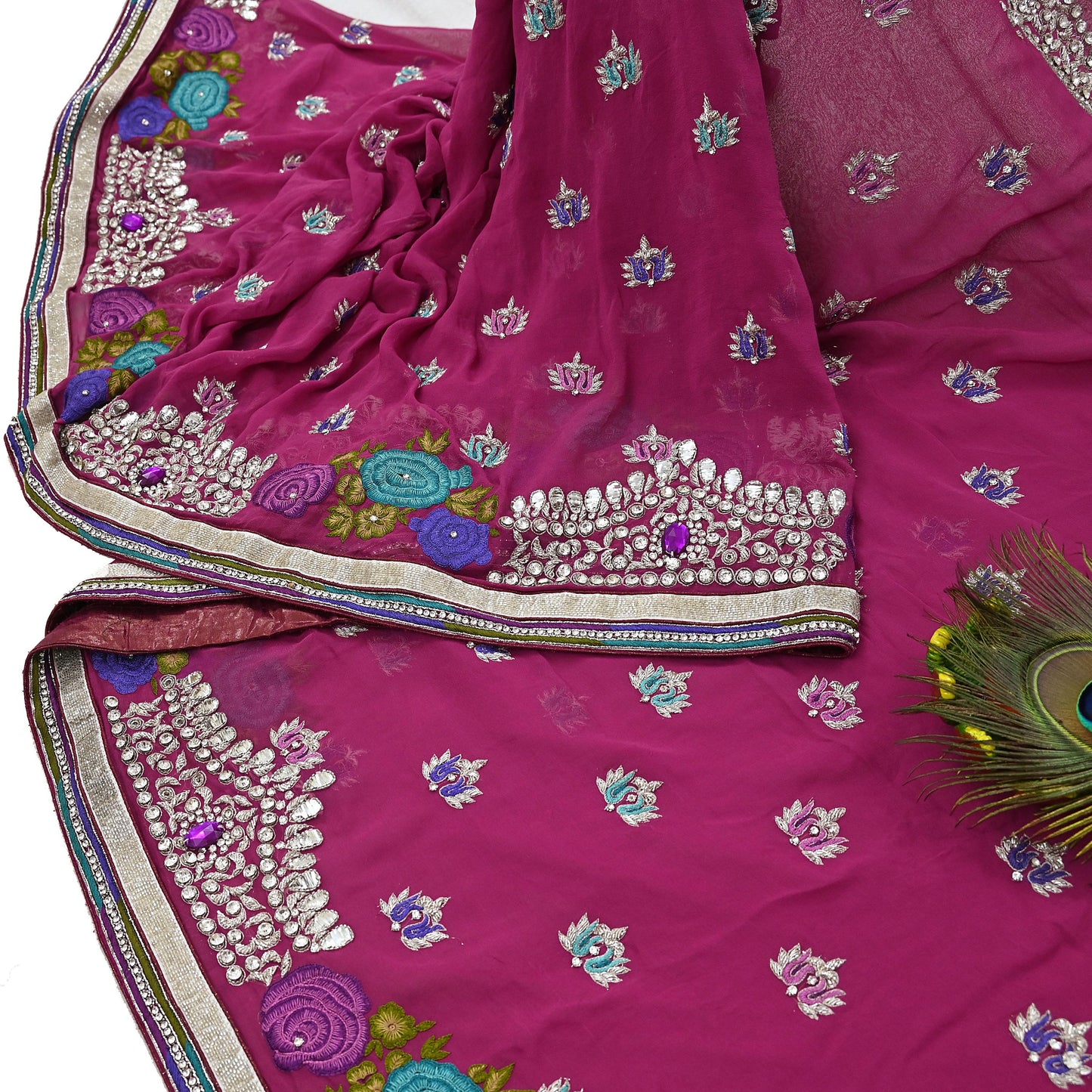 Indian Vintage Sari Rani Pink Pure Georgette Silk Hand Embroidered Sarees Ethnic Fabric 5Yd Sewing Soft Ethnic Glass Beaded Wedding Sarees