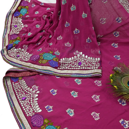 Indian Vintage Sari Rani Pink Pure Georgette Silk Hand Embroidered Sarees Ethnic Fabric 5Yd Sewing Soft Ethnic Glass Beaded Wedding Sarees