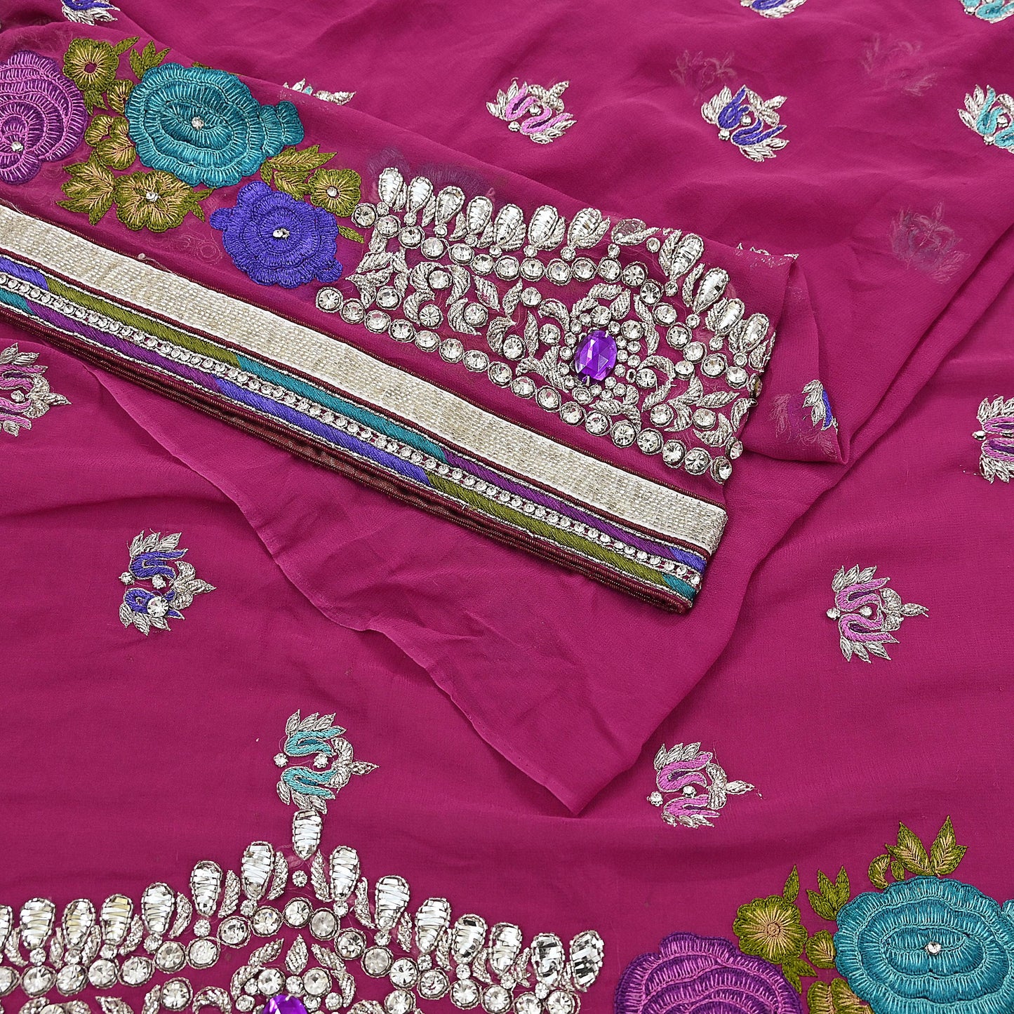 Indian Vintage Sari Rani Pink Pure Georgette Silk Hand Embroidered Sarees Ethnic Fabric 5Yd Sewing Soft Ethnic Glass Beaded Wedding Sarees