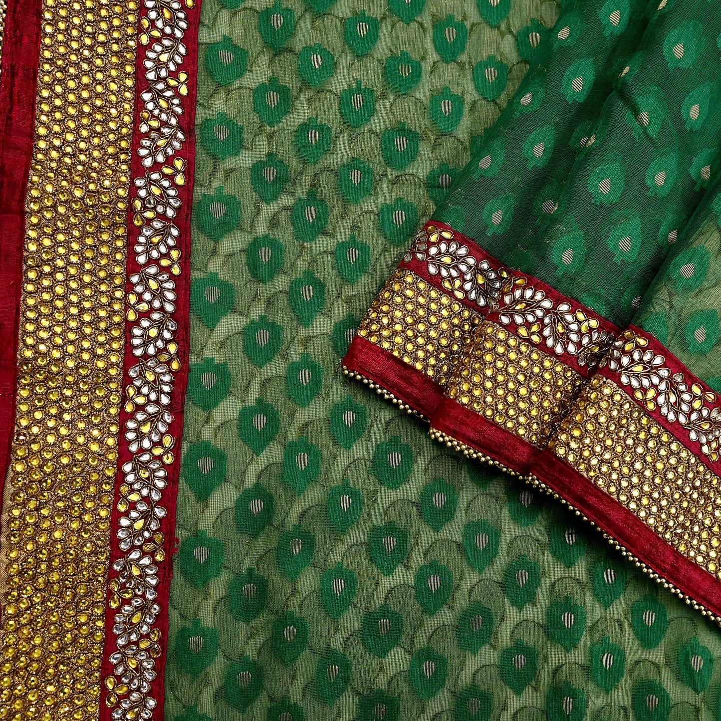 Indian Vintage Heavy Sarees Beige & Green Pure Cotton Hand Embrooidered Jamdani Sari 6yd Ethnic Floral Craft Fabric Dress making Upcycle