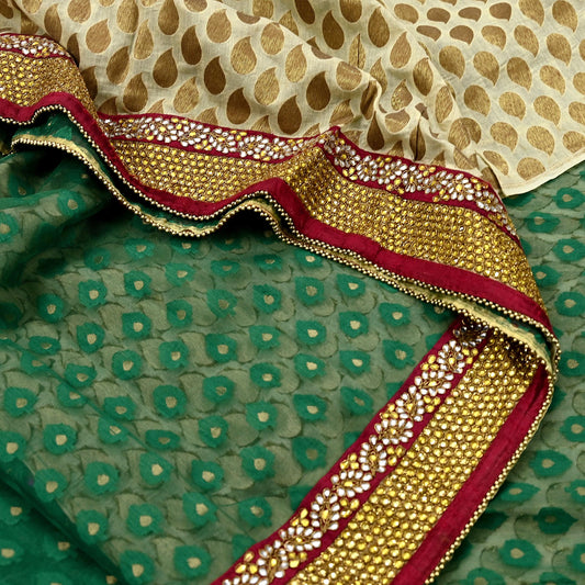 Indian Vintage Heavy Sarees Beige & Green Pure Cotton Hand Embrooidered Jamdani Sari 6yd Ethnic Floral Craft Fabric Dress making Upcycle