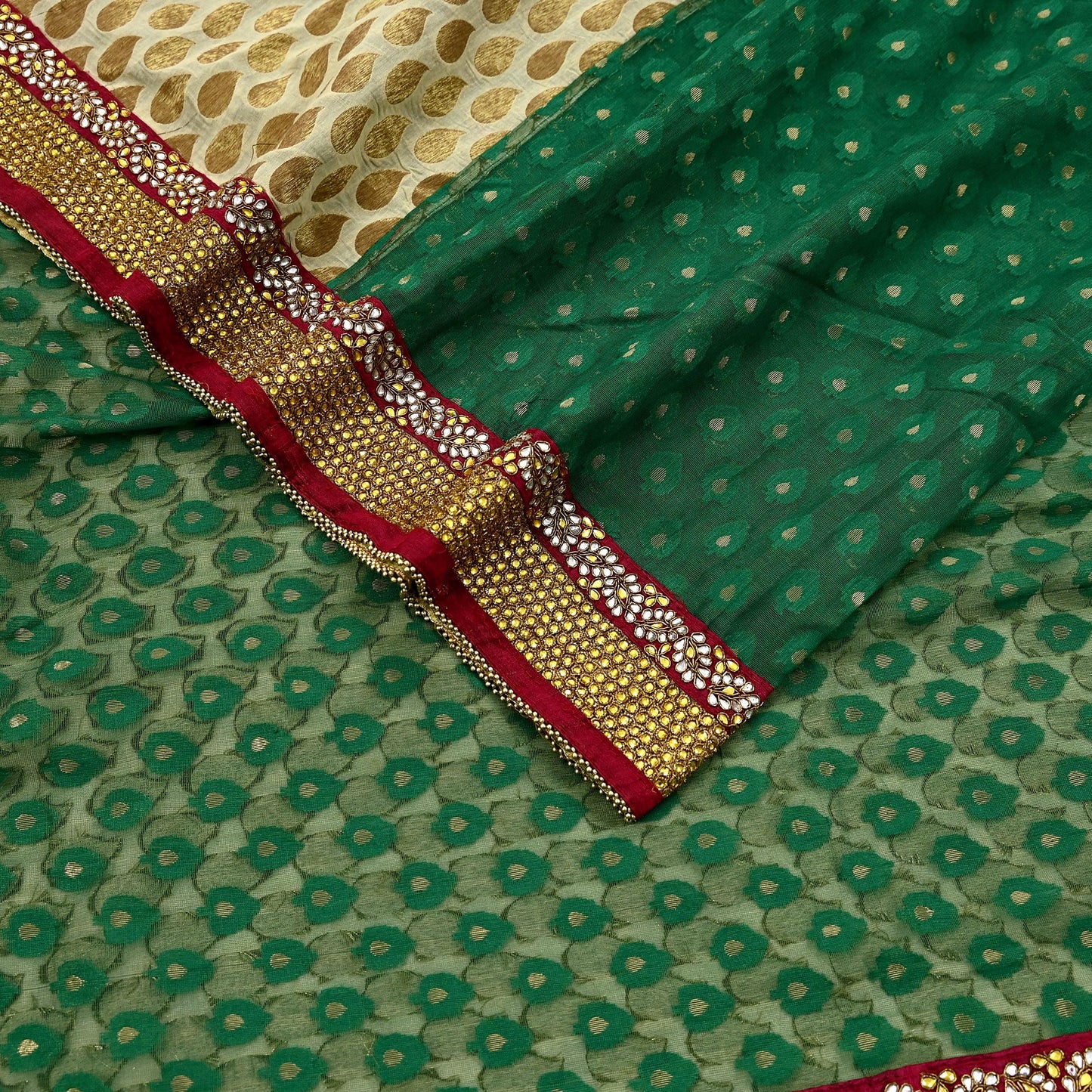 Indian Vintage Heavy Sarees Beige & Green Pure Cotton Hand Embrooidered Jamdani Sari 6yd Ethnic Floral Craft Fabric Dress making Upcycle