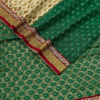 Indian Vintage Heavy Sarees Beige & Green Pure Cotton Hand Embrooidered Jamdani Sari 6yd Ethnic Floral Craft Fabric Dress making Upcycle