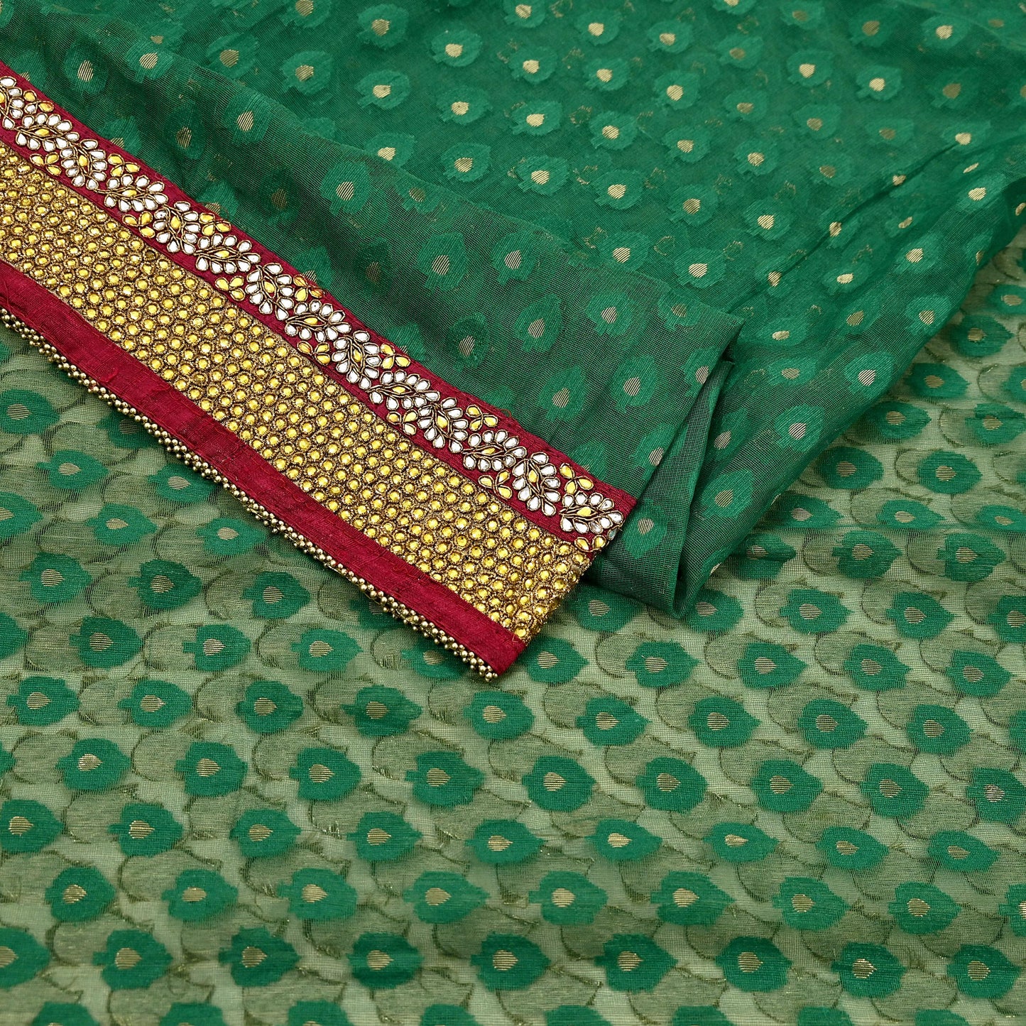 Indian Vintage Heavy Sarees Beige & Green Pure Cotton Hand Embrooidered Jamdani Sari 6yd Ethnic Floral Craft Fabric Dress making Upcycle