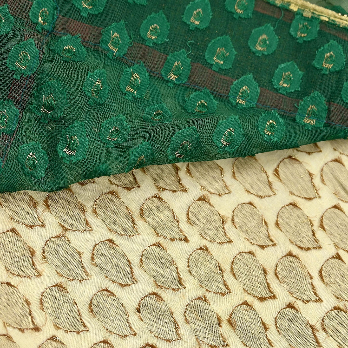 Indian Vintage Heavy Sarees Beige & Green Pure Cotton Hand Embrooidered Jamdani Sari 6yd Ethnic Floral Craft Fabric Dress making Upcycle