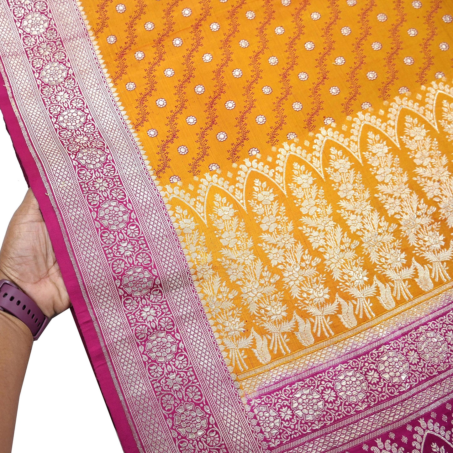 Indian Vintage Sari Heavy Wedding Pure Satin Silk Saffron & Pink saree Banarasi Brocade Saree Golden Zari 5Yard Fabric Ethnic Dressmaking