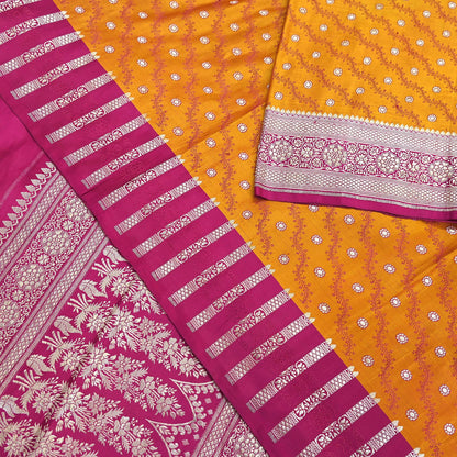Indian Vintage Sari Heavy Wedding Pure Satin Silk Saffron & Pink saree Banarasi Brocade Saree Golden Zari 5Yard Fabric Ethnic Dressmaking
