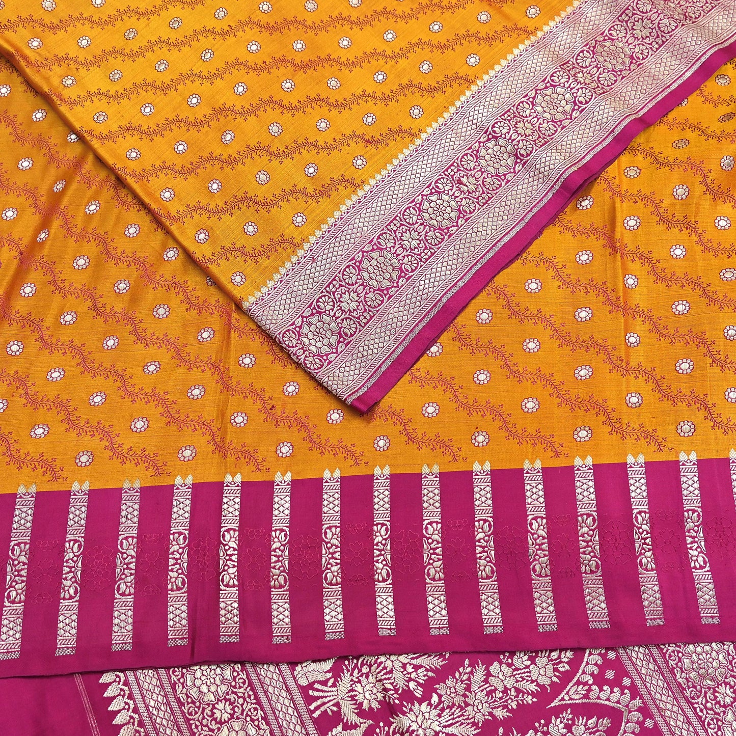 Indian Vintage Sari Heavy Wedding Pure Satin Silk Saffron & Pink saree Banarasi Brocade Saree Golden Zari 5Yard Fabric Ethnic Dressmaking
