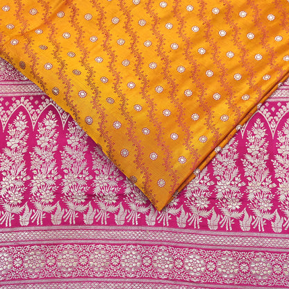 Indian Vintage Sari Heavy Wedding Pure Satin Silk Saffron & Pink saree Banarasi Brocade Saree Golden Zari 5Yard Fabric Ethnic Dressmaking
