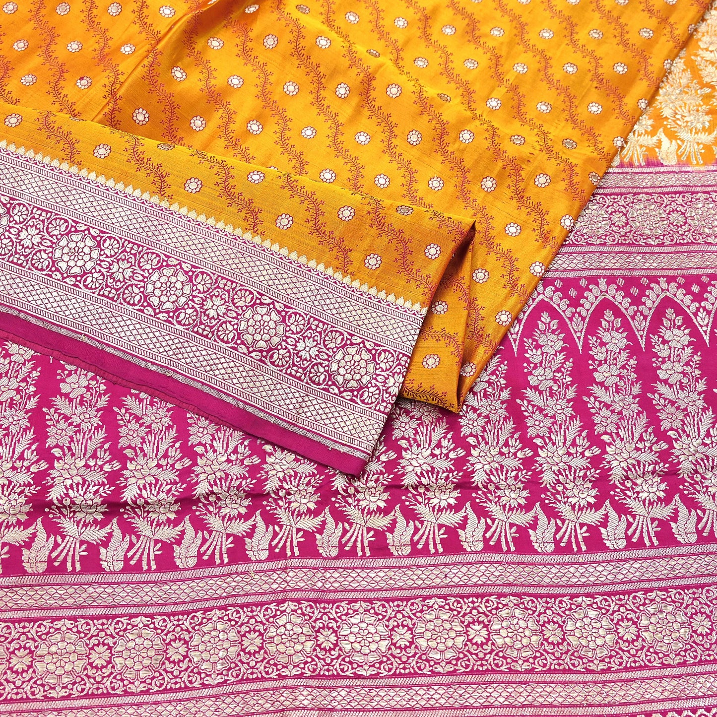 Indian Vintage Sari Heavy Wedding Pure Satin Silk Saffron & Pink saree Banarasi Brocade Saree Golden Zari 5Yard Fabric Ethnic Dressmaking