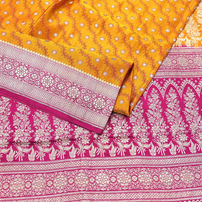 Indian Vintage Sari Heavy Wedding Pure Satin Silk Saffron & Pink saree Banarasi Brocade Saree Golden Zari 5Yard Fabric Ethnic Dressmaking