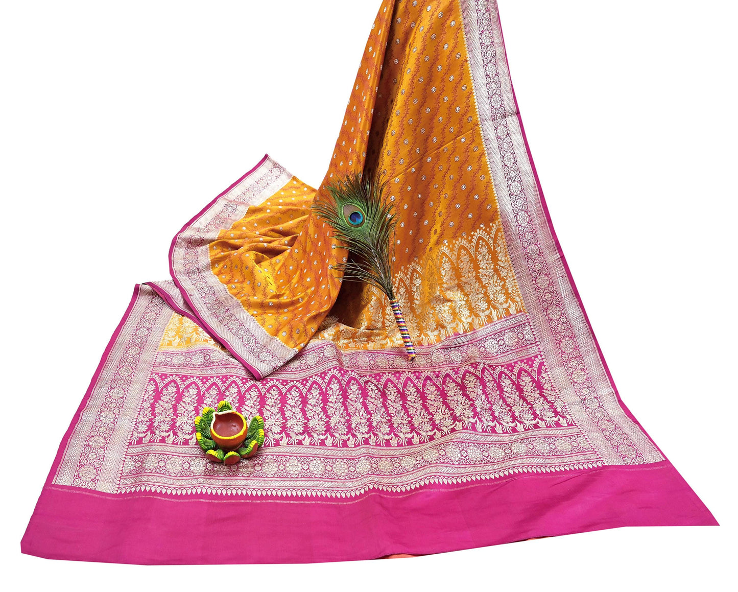 Indian Vintage Sari Heavy Wedding Pure Satin Silk Saffron & Pink saree Banarasi Brocade Saree Golden Zari 5Yard Fabric Ethnic Dressmaking