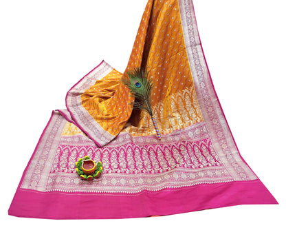 Indian Vintage Sari Heavy Wedding Pure Satin Silk Saffron & Pink saree Banarasi Brocade Saree Golden Zari 5Yard Fabric Ethnic Dressmaking