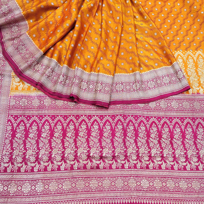Indian Vintage Sari Heavy Wedding Pure Satin Silk Saffron & Pink saree Banarasi Brocade Saree Golden Zari 5Yard Fabric Ethnic Dressmaking