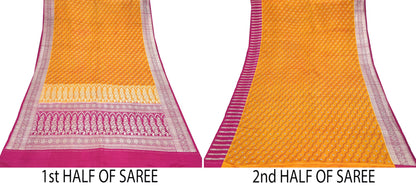 Indian Vintage Sari Heavy Wedding Pure Satin Silk Saffron & Pink saree Banarasi Brocade Saree Golden Zari 5Yard Fabric Ethnic Dressmaking