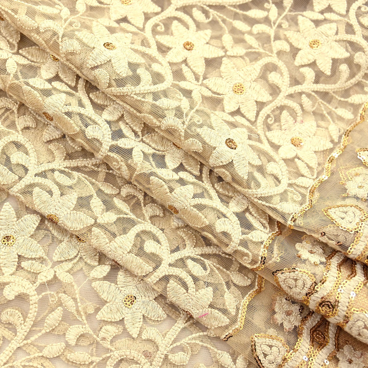 Indian Vintage Beige Dupatta Long Stole Net Mess Hand Embroidered Kantha Scarves Veil Hijab Sequins stole veil hijab