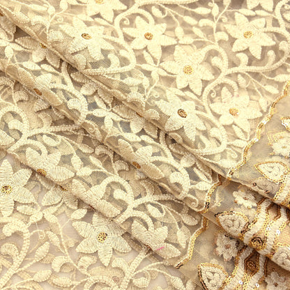 Indian Vintage Beige Dupatta Long Stole Net Mess Hand Embroidered Kantha Scarves Veil Hijab Sequins stole veil hijab