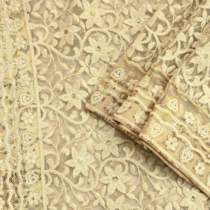 Indian Vintage Beige Dupatta Long Stole Net Mess Hand Embroidered Kantha Scarves Veil Hijab Sequins stole veil hijab