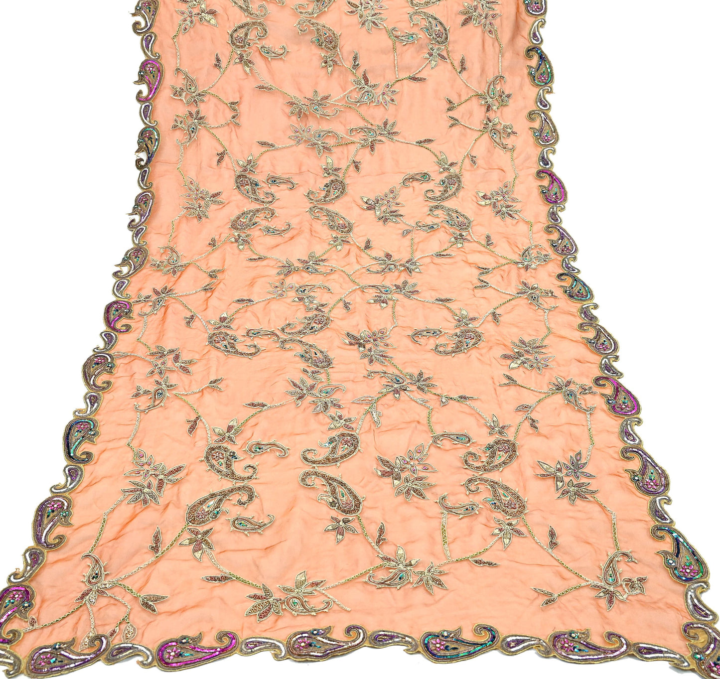 Indian Vintage wedding Heavy Orange Dupatta Tissue Silk Long Stole Hand Embroidered Scarf Zari Zardozi/Dabka