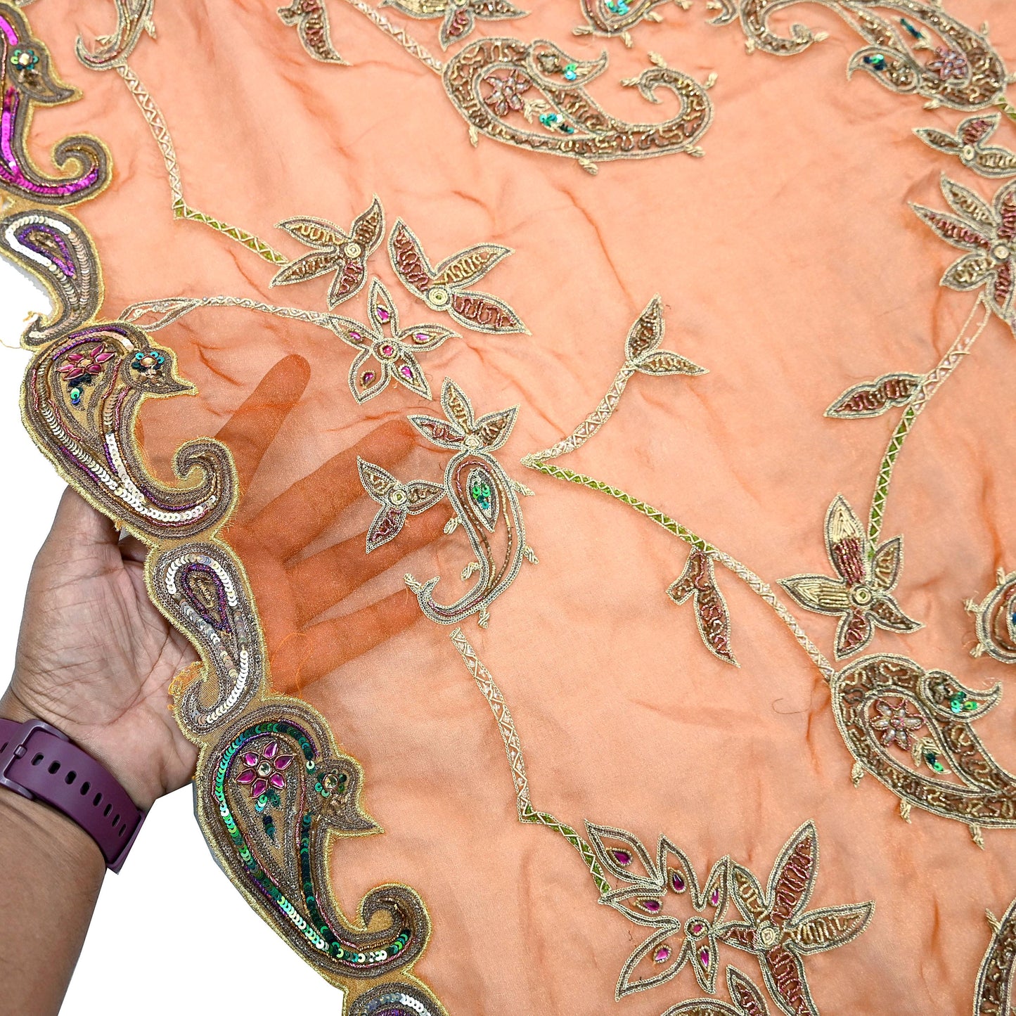 Indian Vintage wedding Heavy Orange Dupatta Tissue Silk Long Stole Hand Embroidered Scarf Zari Zardozi/Dabka