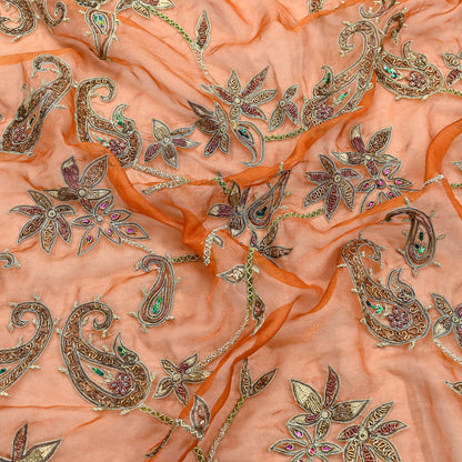 Indian Vintage wedding Heavy Orange Dupatta Tissue Silk Long Stole Hand Embroidered Scarf Zari Zardozi/Dabka