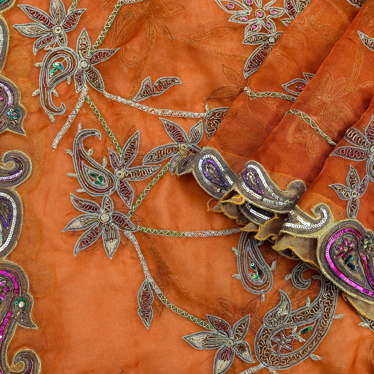 Indian Vintage wedding Heavy Orange Dupatta Tissue Silk Long Stole Hand Embroidered Scarf Zari Zardozi/Dabka