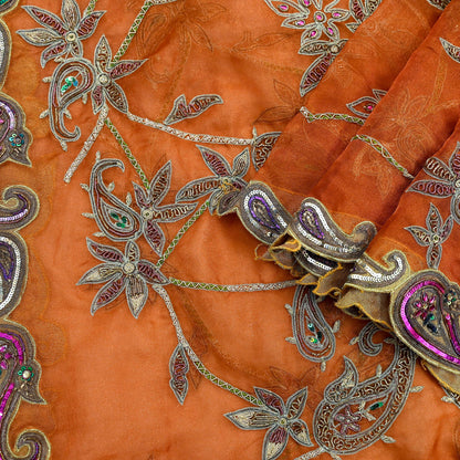 Indian Vintage wedding Heavy Orange Dupatta Tissue Silk Long Stole Hand Embroidered Scarf Zari Zardozi/Dabka